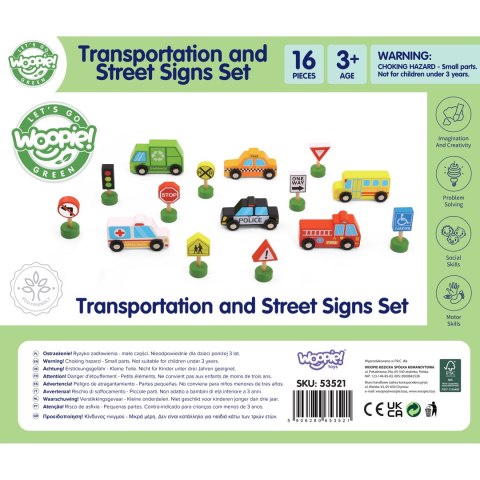 WOOPIE GREEN Zestaw Drewnianych Pojazdów i Znaków Drogowych 15 el.