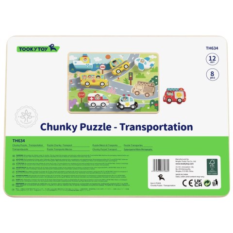 TOOKY TOY Drewniane Puzzle Montessori Pojazdy Samochody Samolot Statek Miasto Dopasuj Kształty