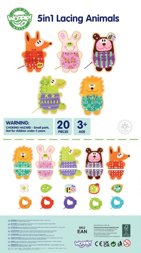 WOOPIE GREEN Drewniana Sznurowanka 5w1 Zwierzątka do Nawlekania
