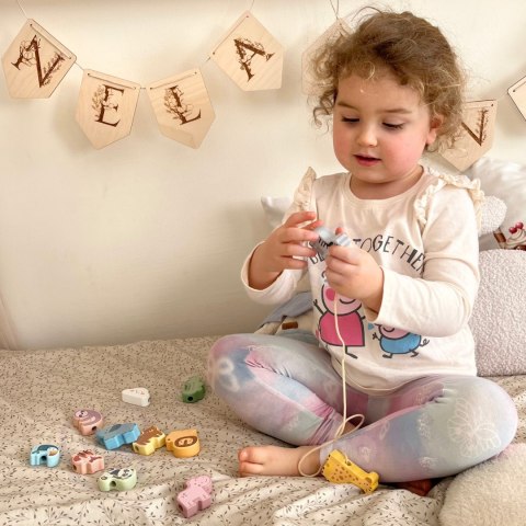 WOOPIE GREEN Drewniana Nawlekanka Klocki Przeplatanka ZOO Montessori 13 el.