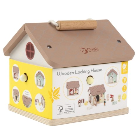 CLASSIC WORLD Drewniany Domek Sensoryczny Edukacyjny z Zamkami Kluczykami 11el.