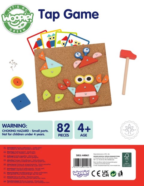 WOOPIE GREEN Drewniana Przybijanka z Młotkiem Układanka 20 wzorów 82 el. Certyfikat FSC