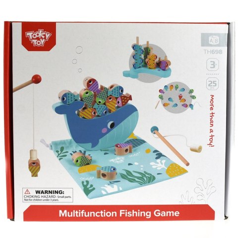 TOOKY TOY Drewniana Gra Wieloryb i Rybki Wielofunkcyjna 4w1 Montessori Łowienie Rybek Stacker Nawlekanka Wieża FSC