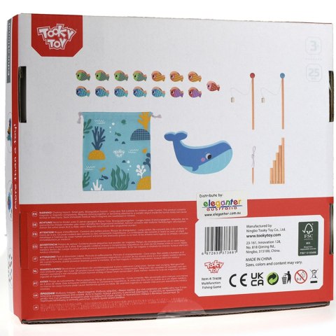 TOOKY TOY Drewniana Gra Wieloryb i Rybki Wielofunkcyjna 4w1 Montessori Łowienie Rybek Stacker Nawlekanka Wieża FSC