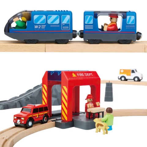 Tooky Toy Drewniana Kolejka Elektryczna Straż Pożarna Efekty Dźwiękowe 70 el.