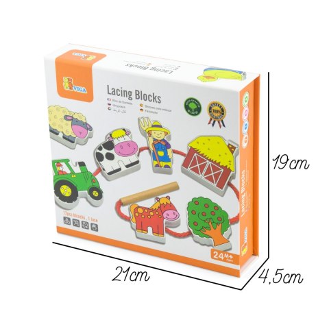 VIGA Drewniana Przeplatanka Klocki Farma do Nawlekania Montessori